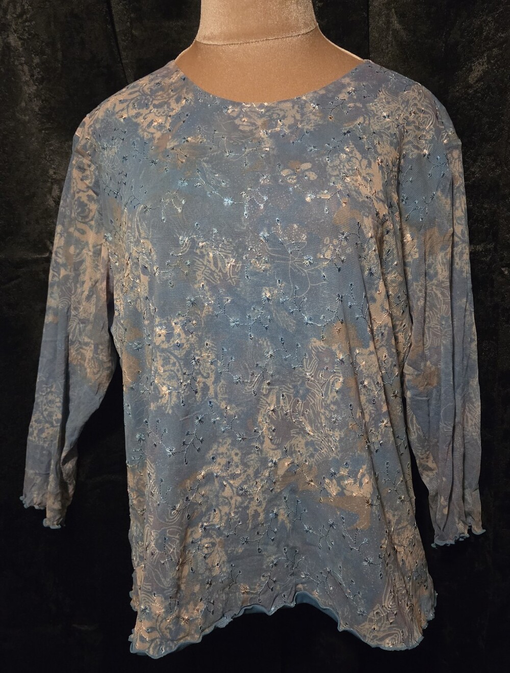 Dressbarn 3X Fits Like A 2X Blue Floral Sequin Accent Long Sleeve Top